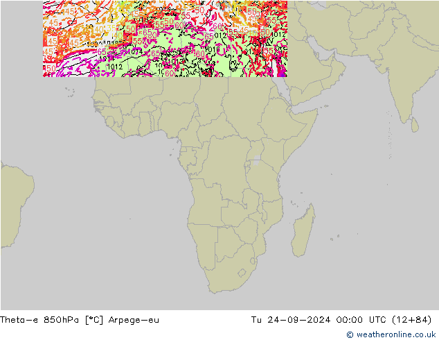 Theta-e 850гПа Arpege-eu вт 24.09.2024 00 UTC