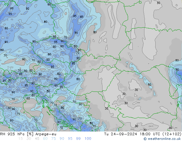 Humidité rel. 925 hPa Arpege-eu mar 24.09.2024 18 UTC