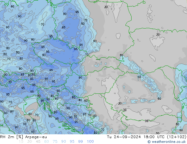 Humidité rel. 2m Arpege-eu mar 24.09.2024 18 UTC