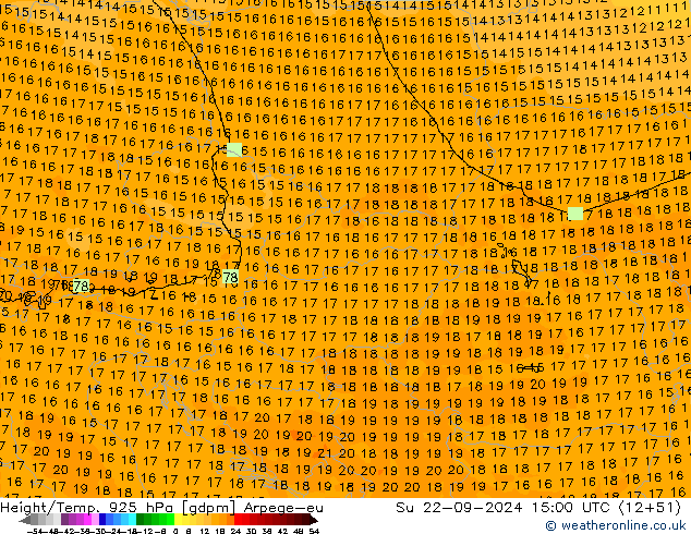 Height/Temp. 925 hPa Arpege-eu nie. 22.09.2024 15 UTC