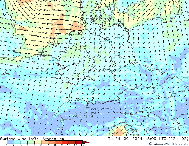 Surface wind (bft) Arpege-eu Út 24.09.2024 18 UTC