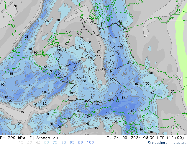 RH 700 hPa Arpege-eu wto. 24.09.2024 06 UTC