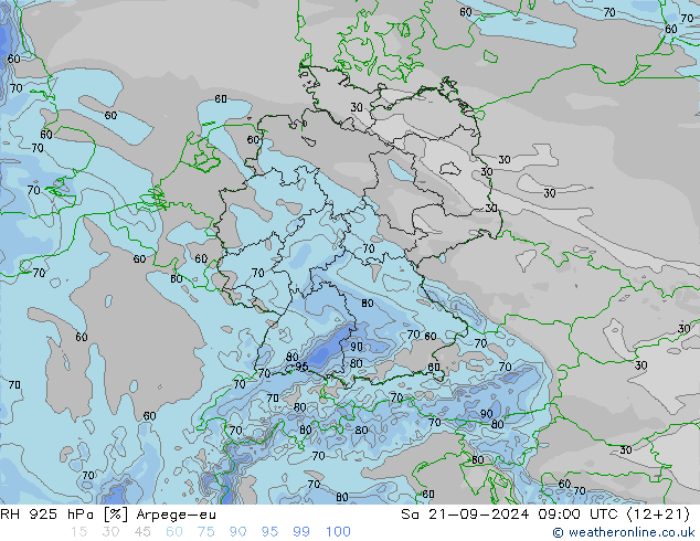 Humidité rel. 925 hPa Arpege-eu sam 21.09.2024 09 UTC