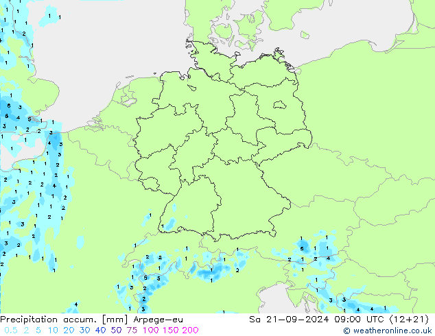 Precipitación acum. Arpege-eu sáb 21.09.2024 09 UTC