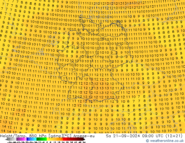 Géop./Temp. 850 hPa Arpege-eu sam 21.09.2024 09 UTC