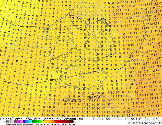 Height/Temp. 850 hPa Arpege-eu Út 24.09.2024 12 UTC