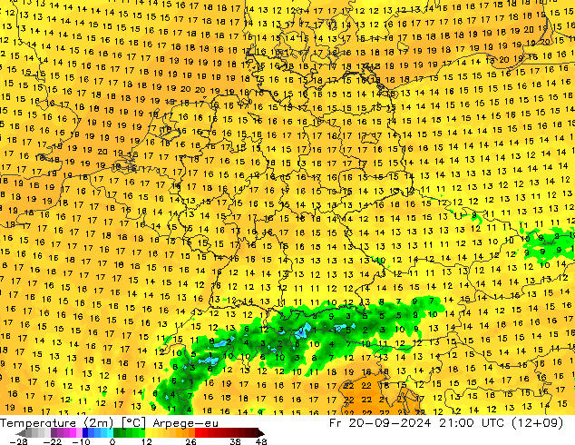 température (2m) Arpege-eu ven 20.09.2024 21 UTC