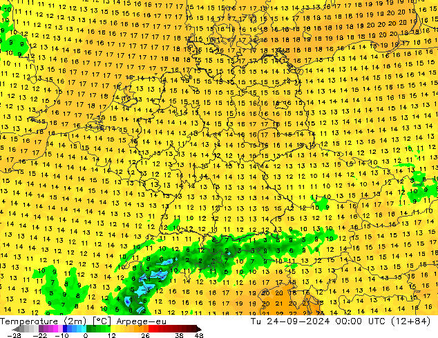 mapa temperatury (2m) Arpege-eu wto. 24.09.2024 00 UTC