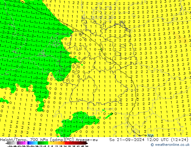 Géop./Temp. 700 hPa Arpege-eu sam 21.09.2024 12 UTC