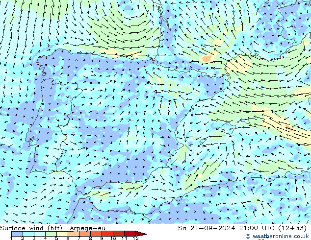 wiatr 10 m (bft) Arpege-eu so. 21.09.2024 21 UTC