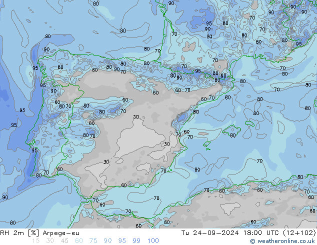 RH 2m Arpege-eu Tu 24.09.2024 18 UTC