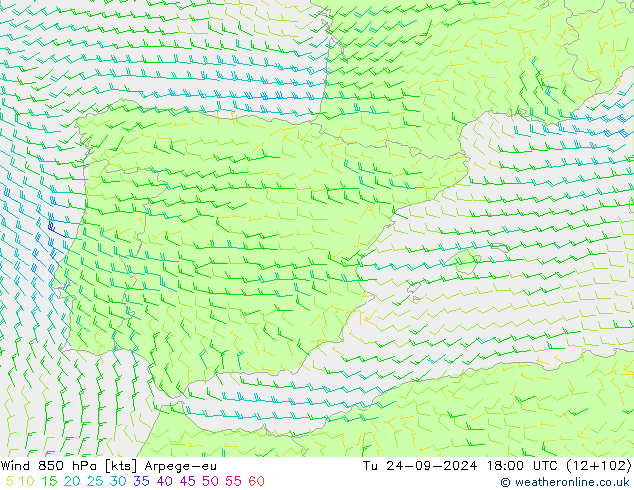 Vento 850 hPa Arpege-eu Ter 24.09.2024 18 UTC