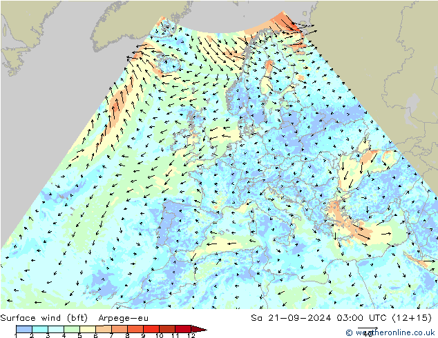 Surface wind (bft) Arpege-eu Sa 21.09.2024 03 UTC