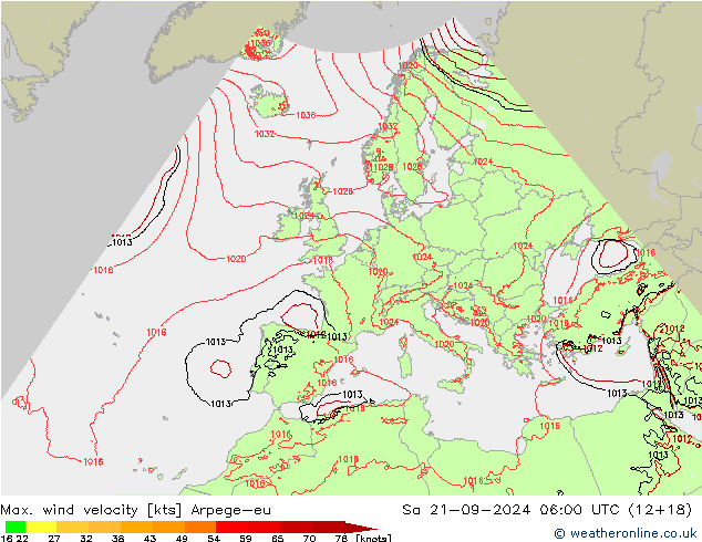 Max. wind velocity Arpege-eu Sáb 21.09.2024 06 UTC