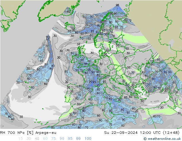 Humidité rel. 700 hPa Arpege-eu dim 22.09.2024 12 UTC