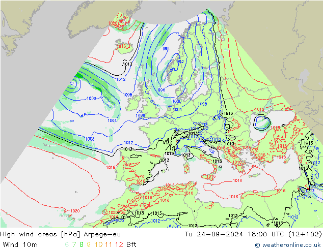 High wind areas Arpege-eu Út 24.09.2024 18 UTC