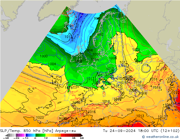 SLP/Temp. 850 hPa Arpege-eu Di 24.09.2024 18 UTC