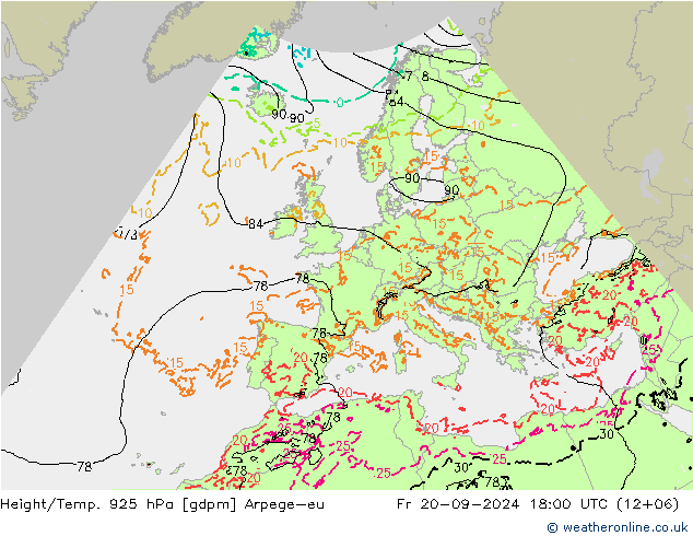 Yükseklik/Sıc. 925 hPa Arpege-eu Cu 20.09.2024 18 UTC