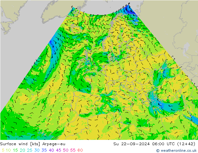 Wind 10 m Arpege-eu zo 22.09.2024 06 UTC