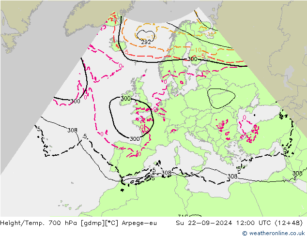 Height/Temp. 700 hPa Arpege-eu So 22.09.2024 12 UTC