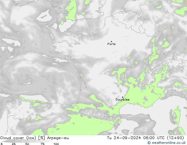 Cloud cover (low) Arpege-eu Tu 24.09.2024 06 UTC