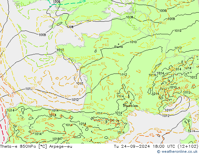 Theta-e 850hPa Arpege-eu mar 24.09.2024 18 UTC