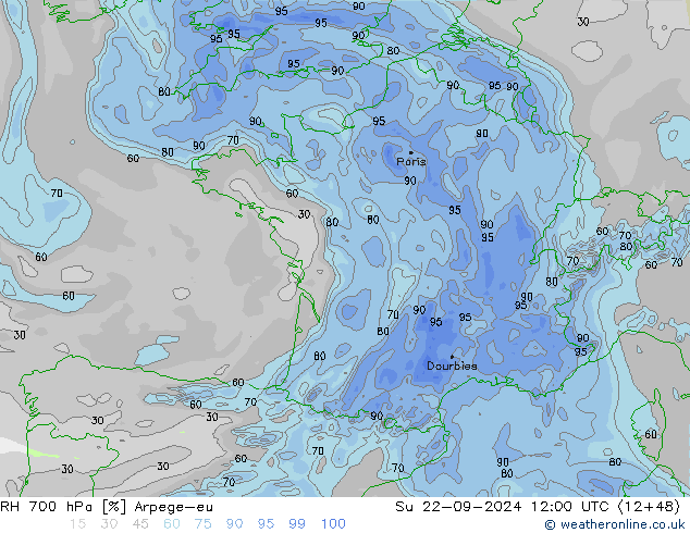 Humidité rel. 700 hPa Arpege-eu dim 22.09.2024 12 UTC