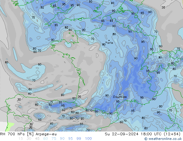 RH 700 hPa Arpege-eu Su 22.09.2024 18 UTC