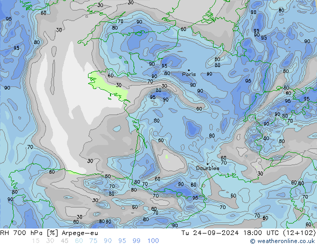 RH 700 hPa Arpege-eu Tu 24.09.2024 18 UTC