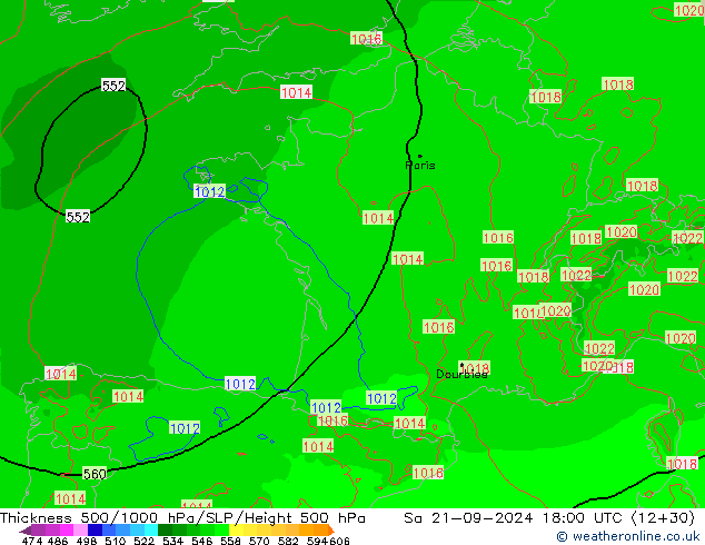 Schichtdicke 500-1000 hPa Arpege-eu Sa 21.09.2024 18 UTC