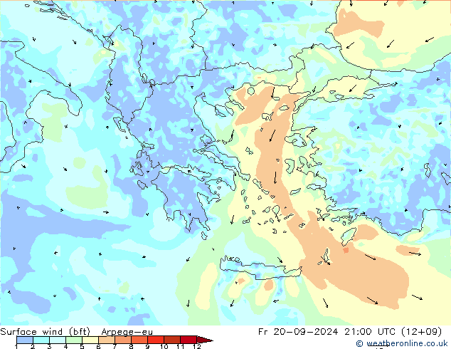 Surface wind (bft) Arpege-eu Fr 20.09.2024 21 UTC