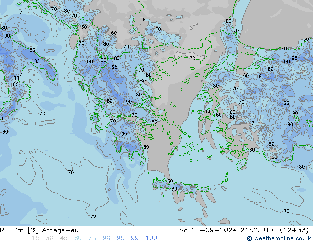 Humidité rel. 2m Arpege-eu sam 21.09.2024 21 UTC