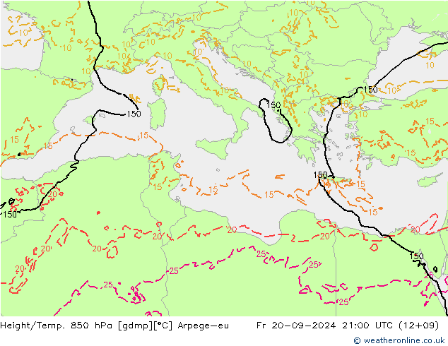 Géop./Temp. 850 hPa Arpege-eu ven 20.09.2024 21 UTC