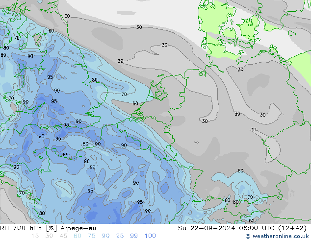 RH 700 hPa Arpege-eu Dom 22.09.2024 06 UTC