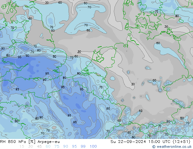 RH 850 hPa Arpege-eu Ne 22.09.2024 15 UTC