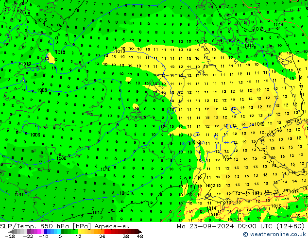 850 hPa Yer Bas./Sıc Arpege-eu Pzt 23.09.2024 00 UTC