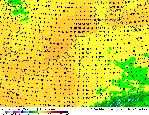 Temperaturkarte (2m) Arpege-eu So 22.09.2024 06 UTC