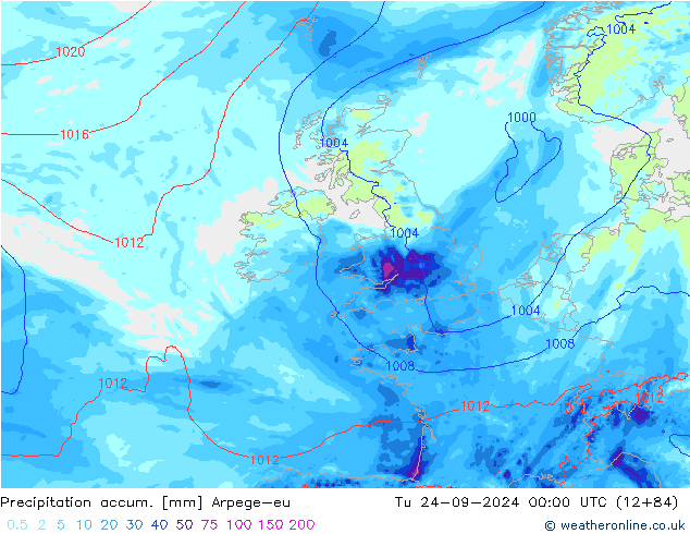 Totale neerslag Arpege-eu di 24.09.2024 00 UTC