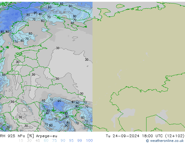 RH 925 hPa Arpege-eu Tu 24.09.2024 18 UTC