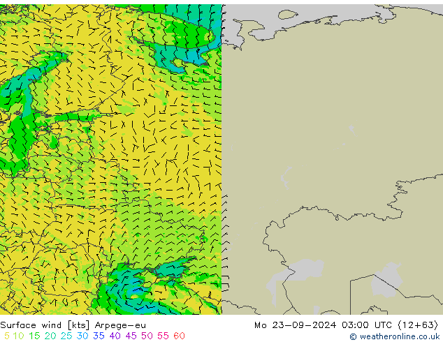 Vento 10 m Arpege-eu Seg 23.09.2024 03 UTC