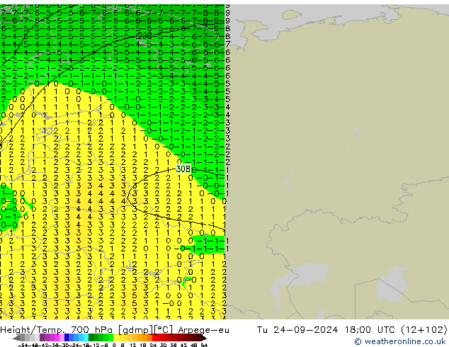 Height/Temp. 700 hPa Arpege-eu wto. 24.09.2024 18 UTC