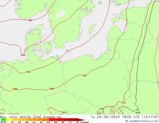 Max. wind velocity Arpege-eu mar 24.09.2024 18 UTC