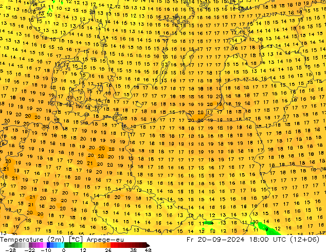 Temperatura (2m) Arpege-eu vie 20.09.2024 18 UTC