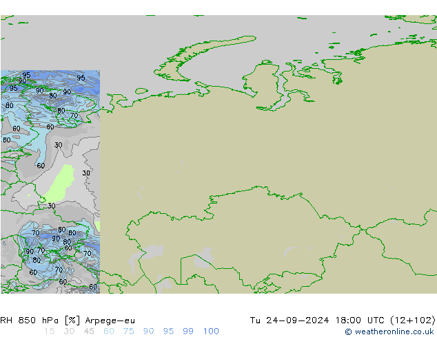 RH 850 hPa Arpege-eu Tu 24.09.2024 18 UTC