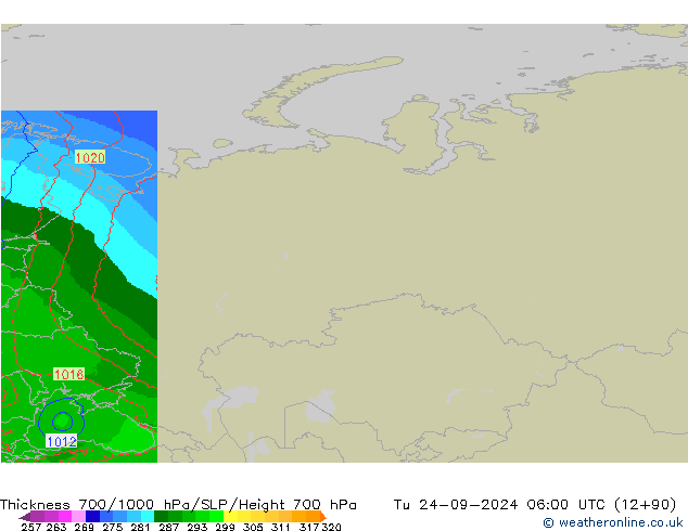 Thck 700-1000 hPa Arpege-eu Út 24.09.2024 06 UTC