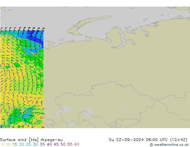 Surface wind Arpege-eu Su 22.09.2024 06 UTC