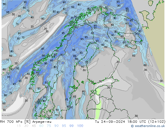 RH 700 hPa Arpege-eu Di 24.09.2024 18 UTC