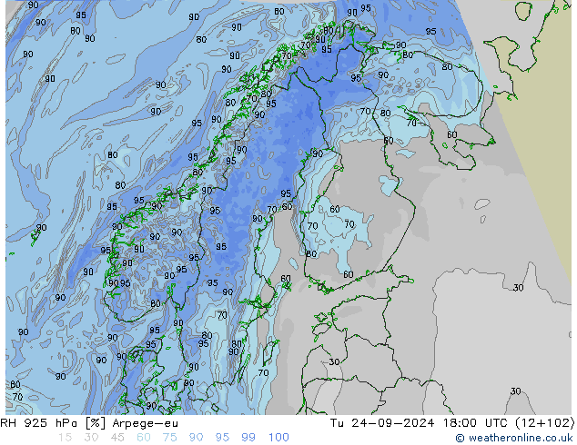 RH 925 hPa Arpege-eu Ter 24.09.2024 18 UTC