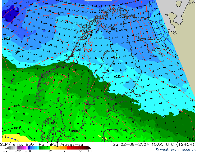 SLP/Temp. 850 hPa Arpege-eu So 22.09.2024 18 UTC