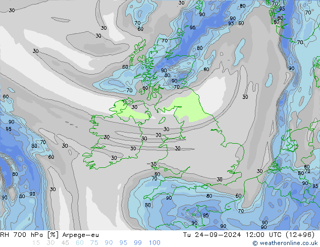 Humidité rel. 700 hPa Arpege-eu mar 24.09.2024 12 UTC